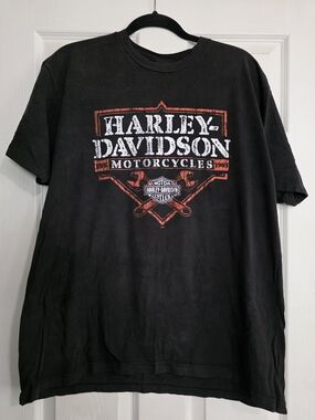 Lake Shore Harley-Davidson Black Tee with Red and White Motorcycle Graphic